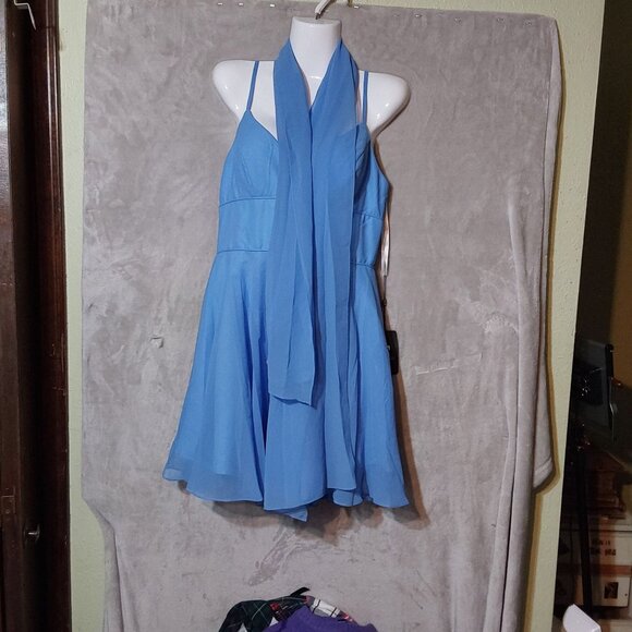 Luccli Lu Periwinkle Elegant Blue Halter Dress With Scarf & Flared Skirt - Picture 6 of 6